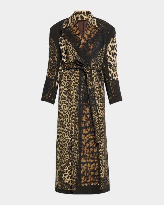 Trompe L'oeil Leopard-Print Belted Long Coat